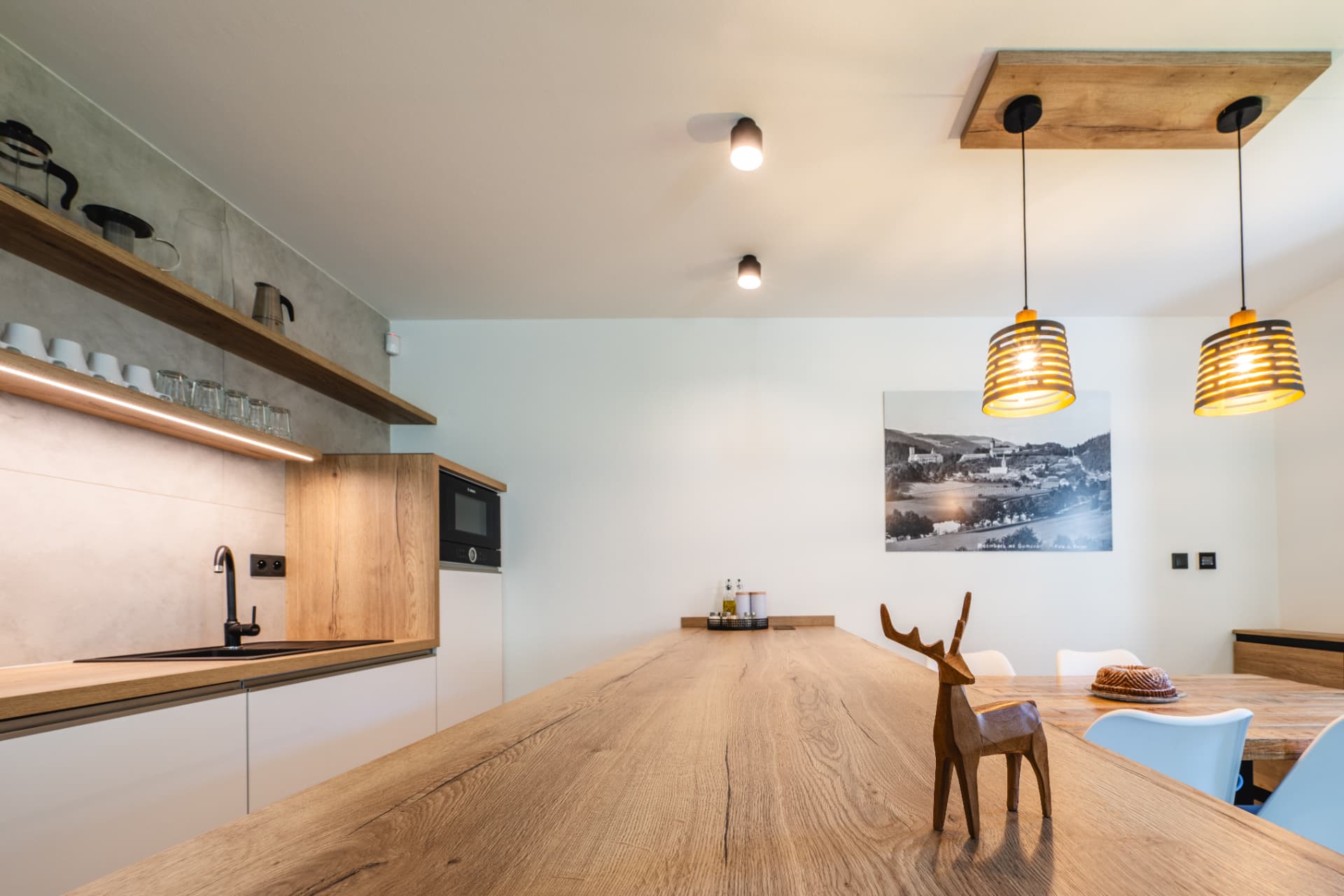 Kitchen island in the lower apartment