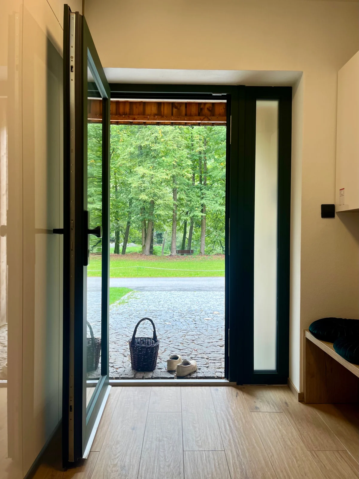 Open front door with a basket and a view of the park