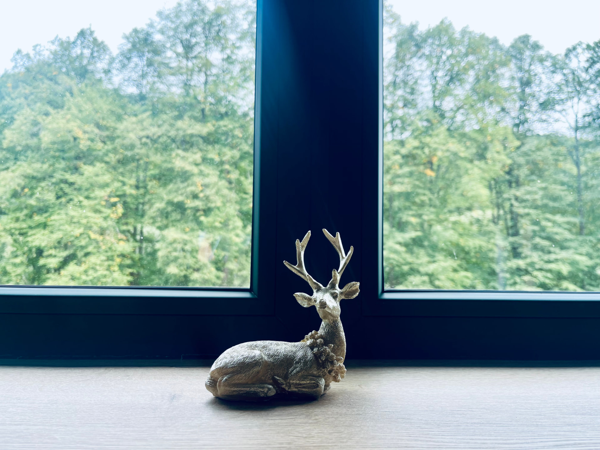 A golden deer on the windowsill with a forest view