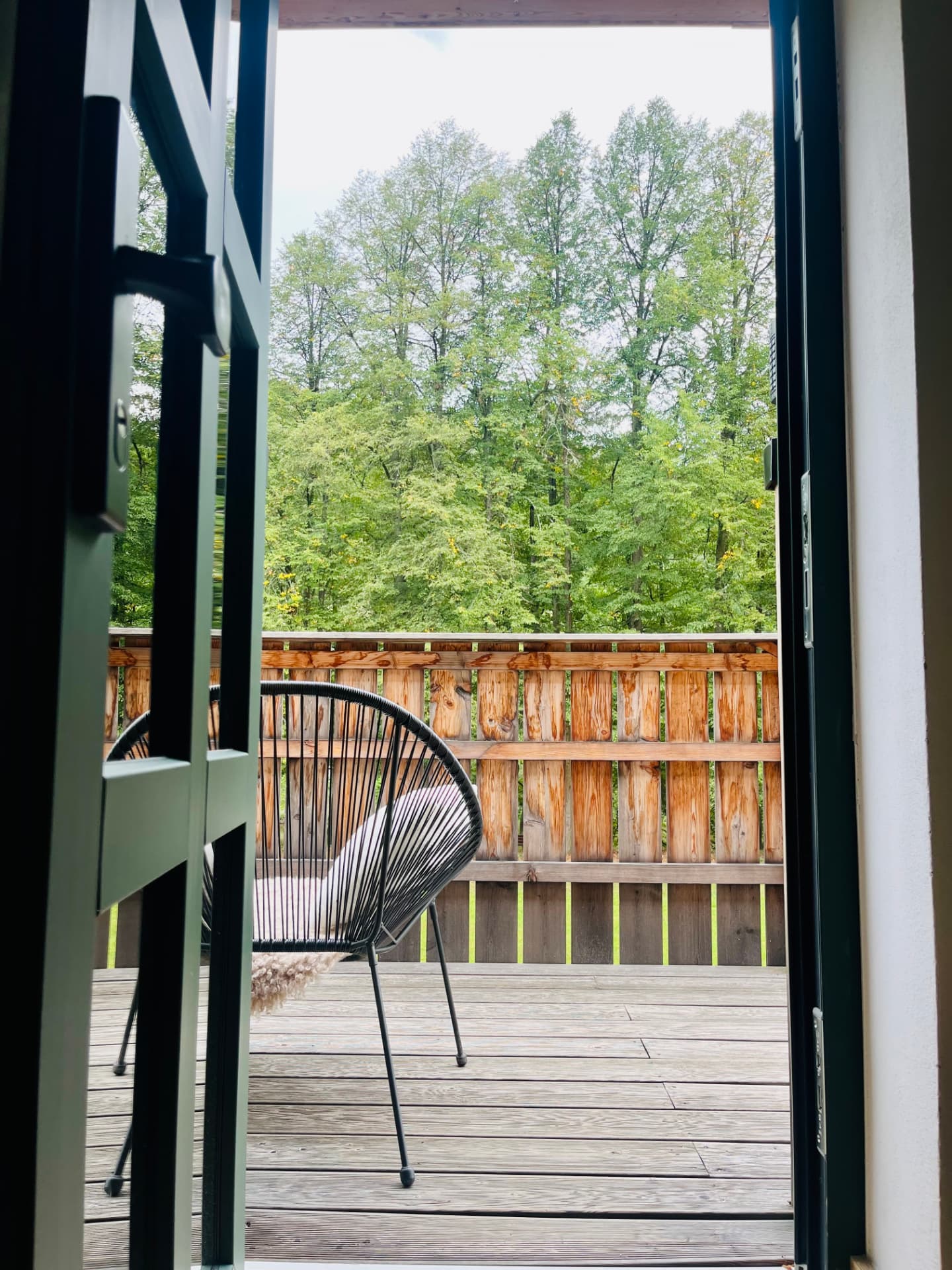 A chair on the balcony looking into the forest